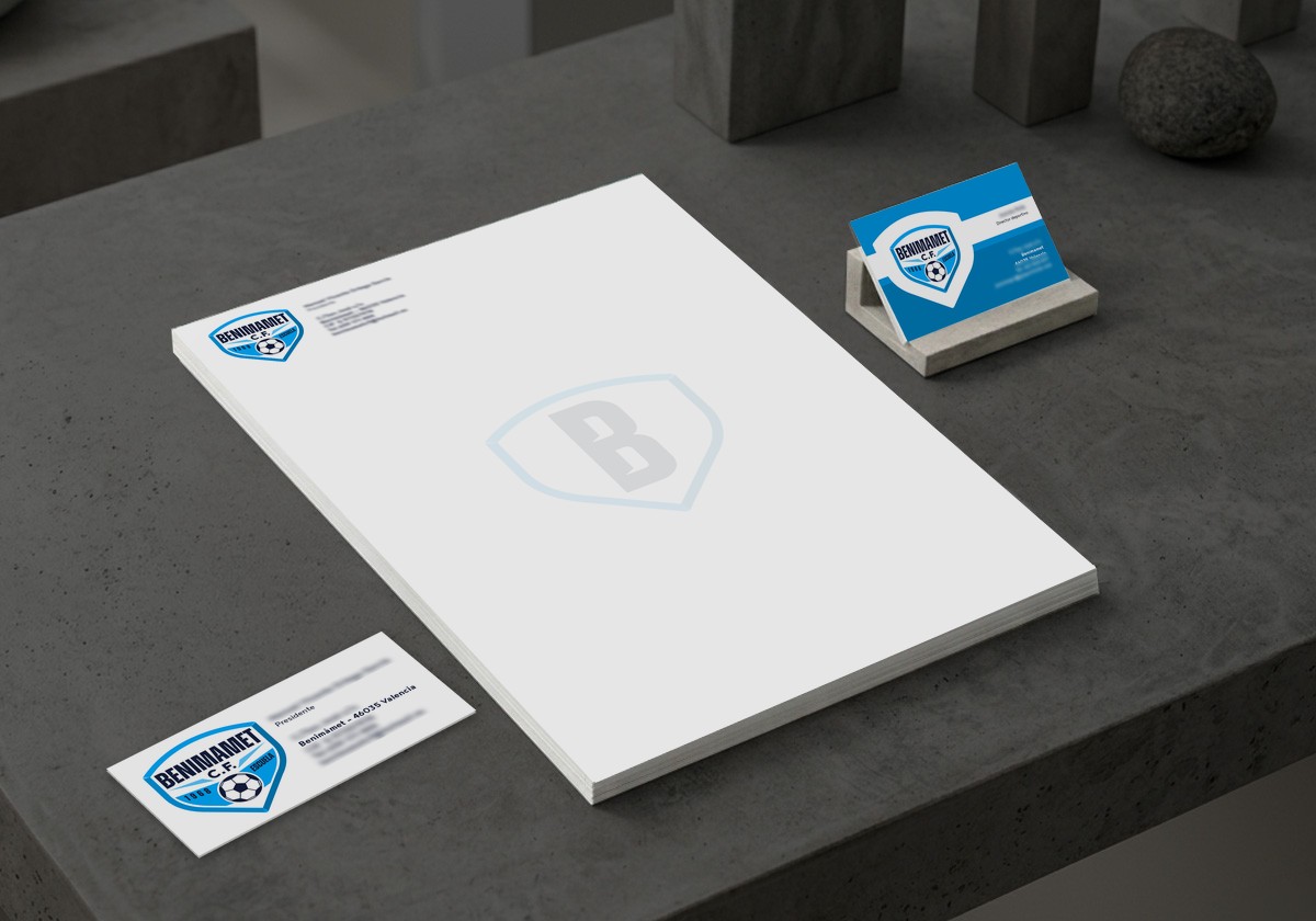 Papelería de LogoESCUDO | Logocrea Papelería de LogoESCUDO para Benimamet C.F.: tarjeta de visita, folio A4 y firma corporativa